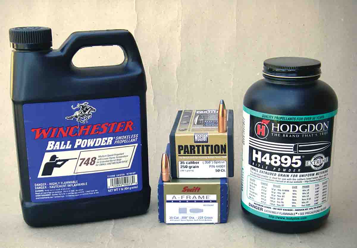 Winchester 748 and Hodgdon H-4895 powders are top choices for loading the Swift 225-grain A-Frame and Nosler 250-grain Partition bullets in the .35 Winchester Centerfire.